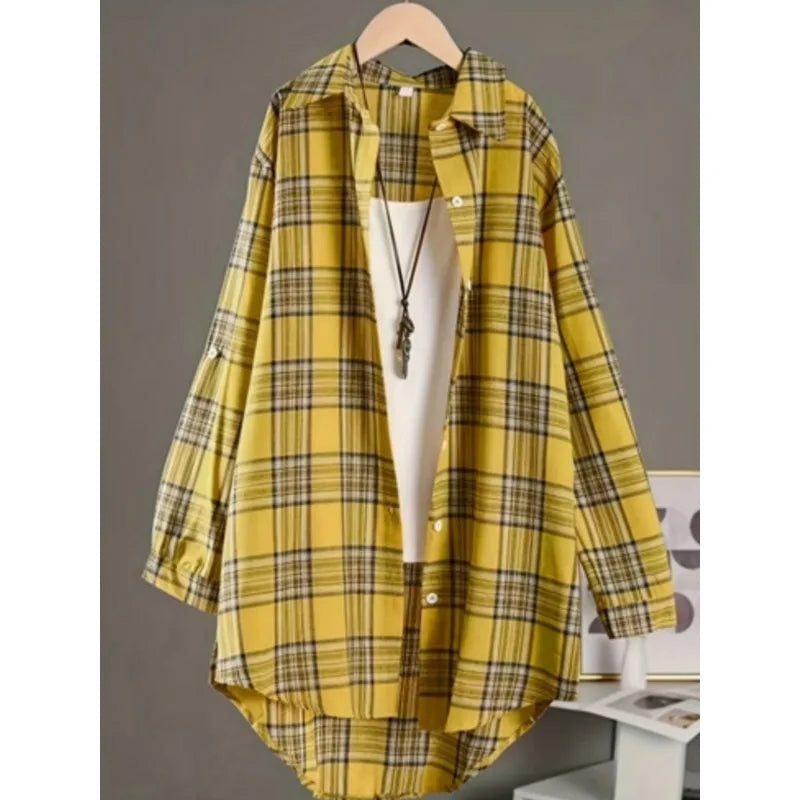 Plus Size Women's  Cotton and Linen Plaid Shirt