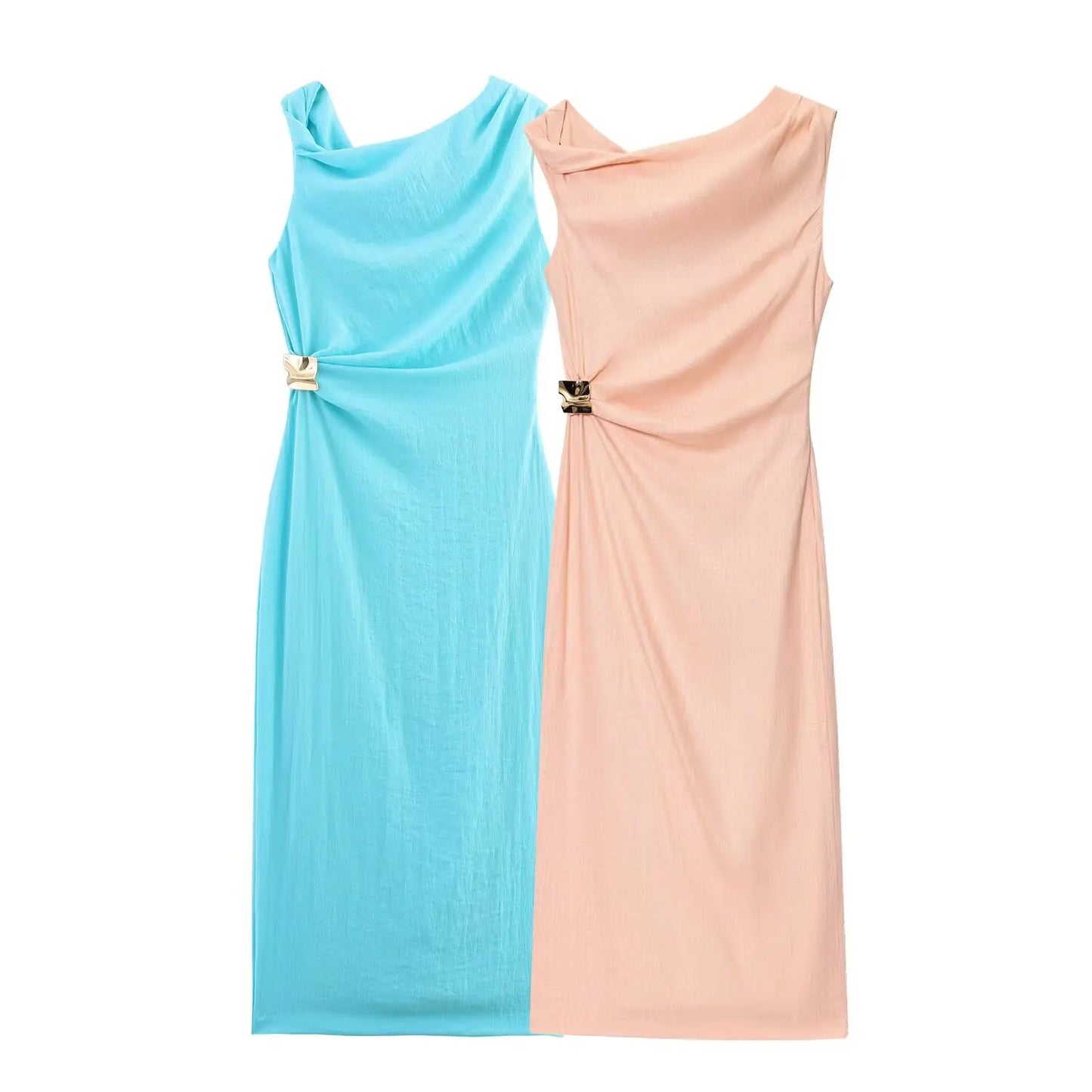 TRAFZA Woman's Summer Sexy Fashion Long Dress Solid Sleeveless Asymmetry Dresses Female Holiday Style Slit Slim Chic Dress