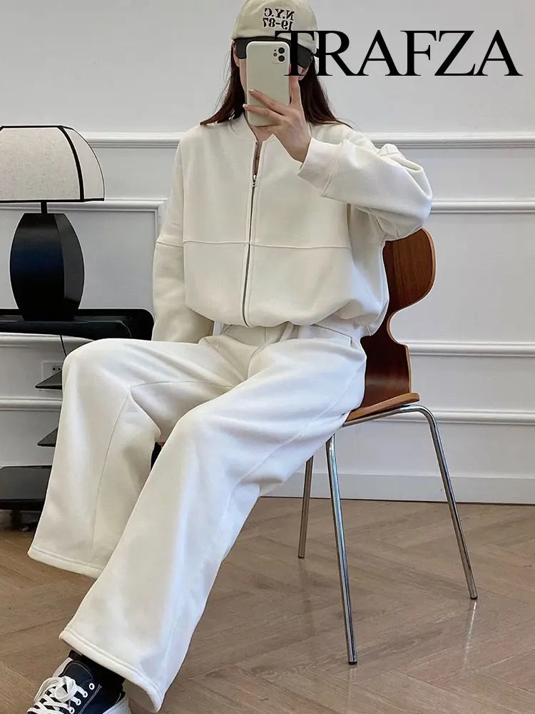 TRAFZA  Fall 2-Piece Bomber Jacket And Wide Leg Pants