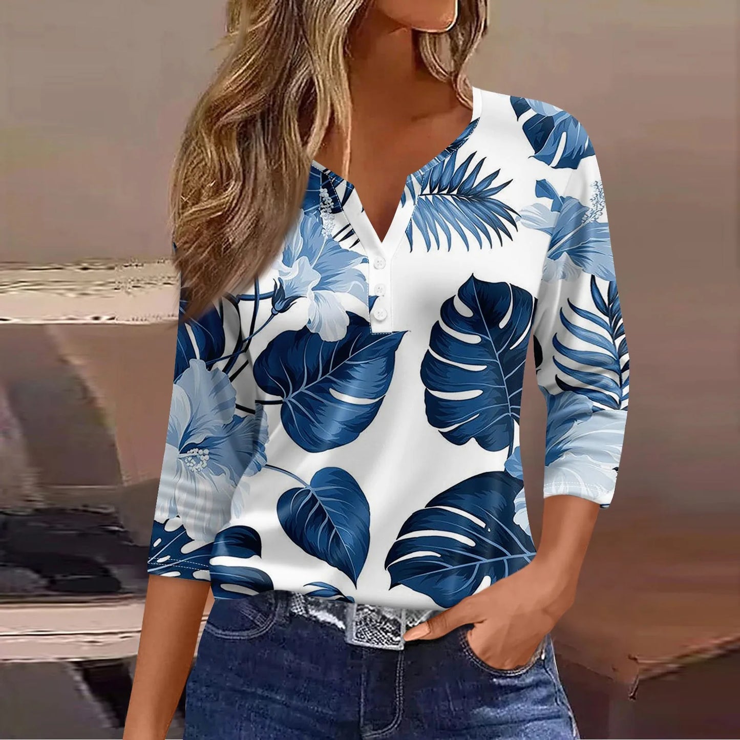 Casual V-Neck Top With 3/4 Sleeve
