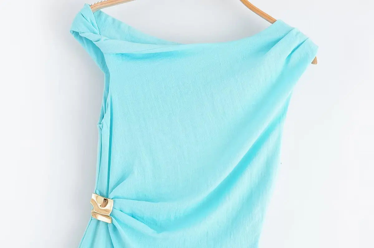 TRAFZA Woman's Summer Sexy Fashion Long Dress Solid Sleeveless Asymmetry Dresses Female Holiday Style Slit Slim Chic Dress