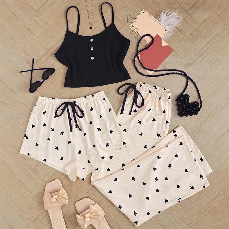Women's Heart-Shaped Printed Vest Shorts and Pants