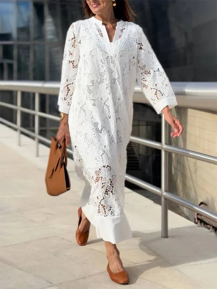Abrini White Embroidery Lace Dress