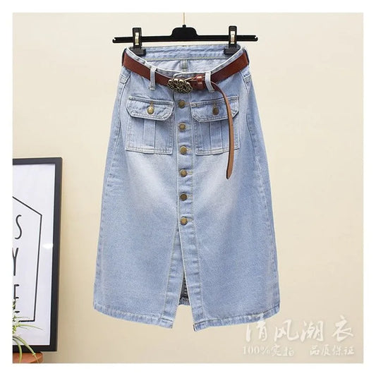 Front Split Denim Midi Skirt