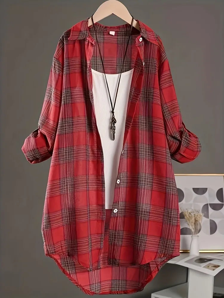 Plus Size Women's  Cotton and Linen Plaid Shirt