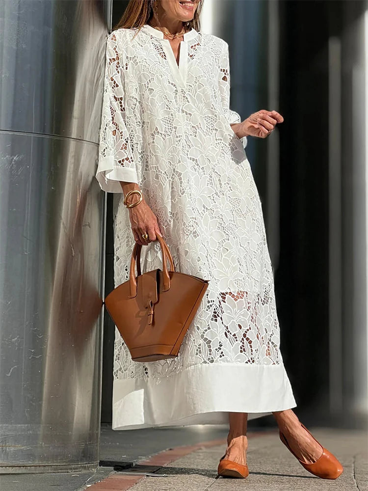Abrini White Embroidery Lace Dress