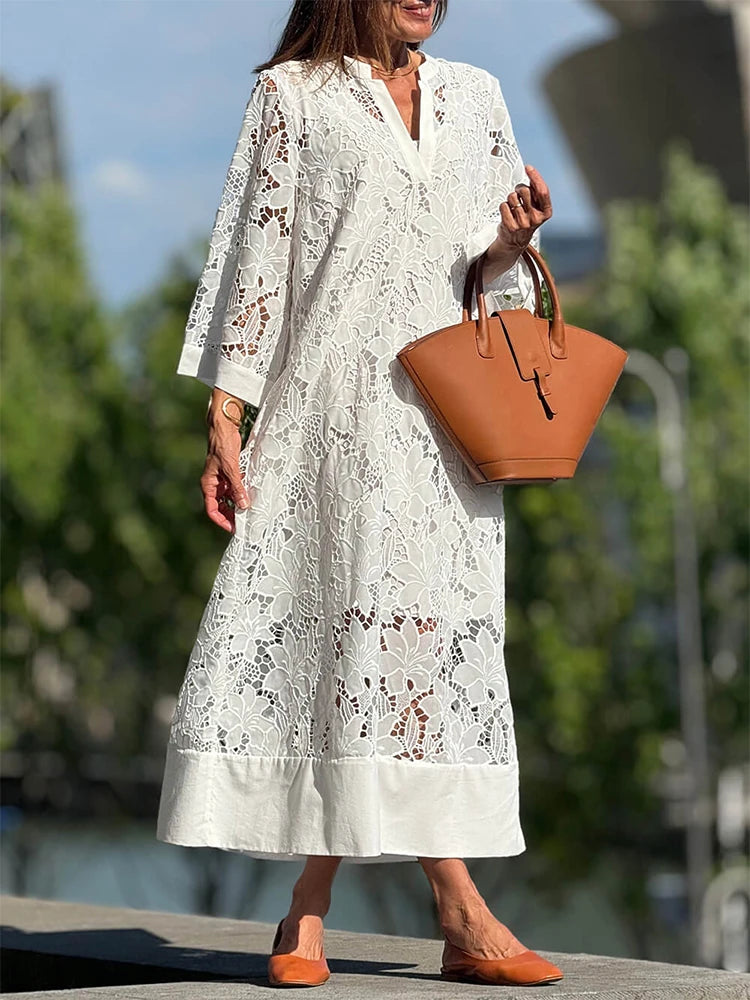 Abrini White Embroidery Lace Dress