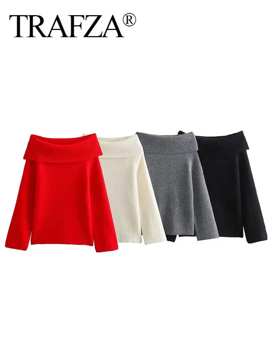 TRAFZA Off Shoulder Pullover Sweater