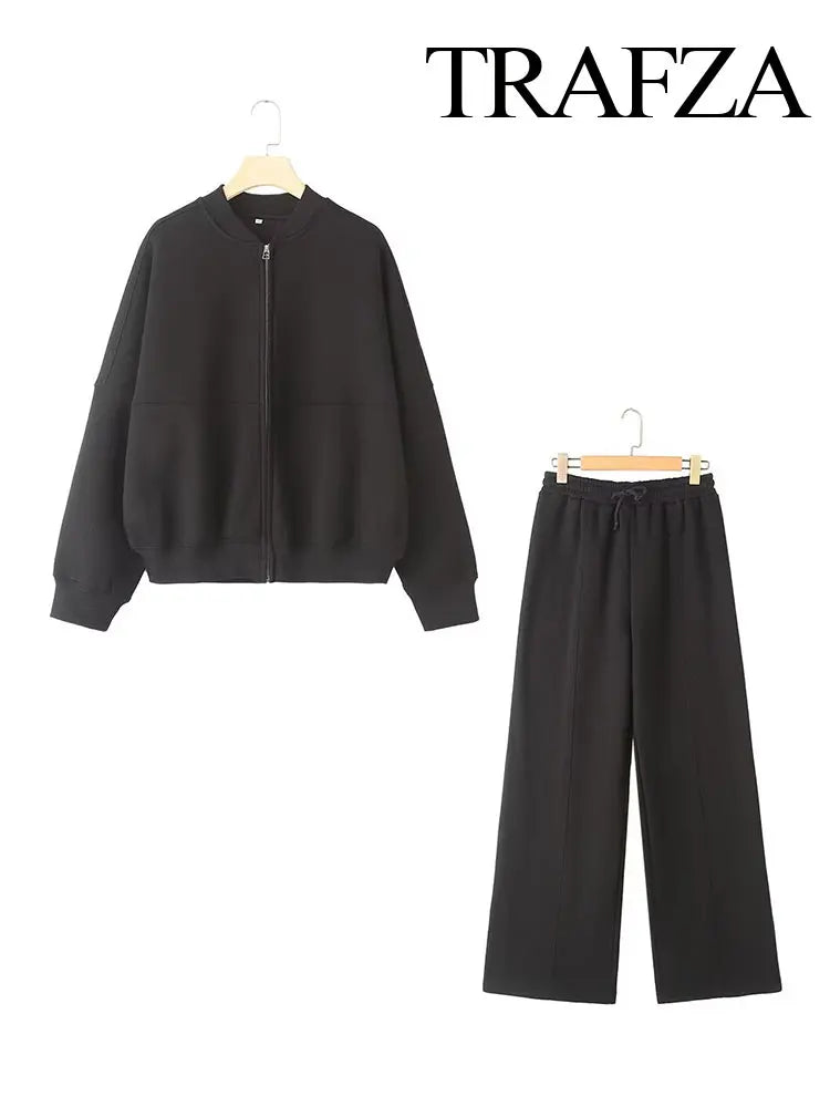 TRAFZA  Fall 2-Piece Bomber Jacket And Wide Leg Pants