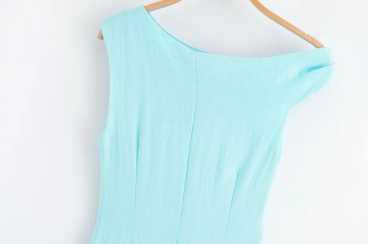 TRAFZA Woman's Summer Sexy Fashion Long Dress Solid Sleeveless Asymmetry Dresses Female Holiday Style Slit Slim Chic Dress