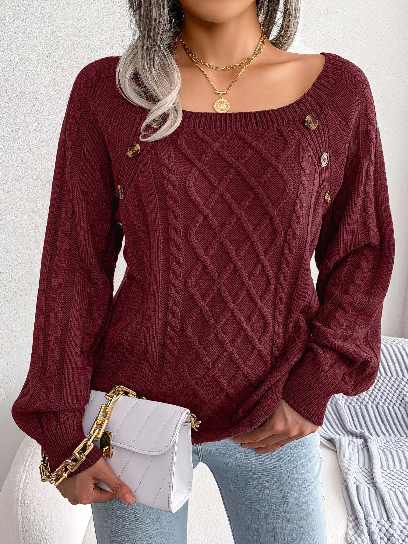 Casual Square Neck Long Sleeve Sweater