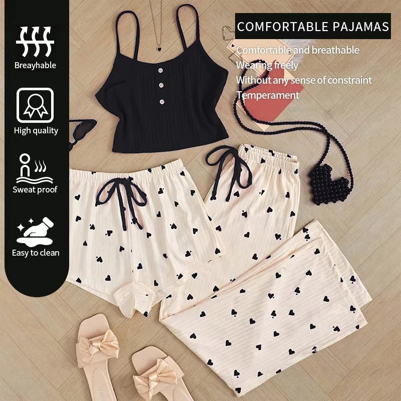 Women's Heart-Shaped Printed Vest Shorts and Pants