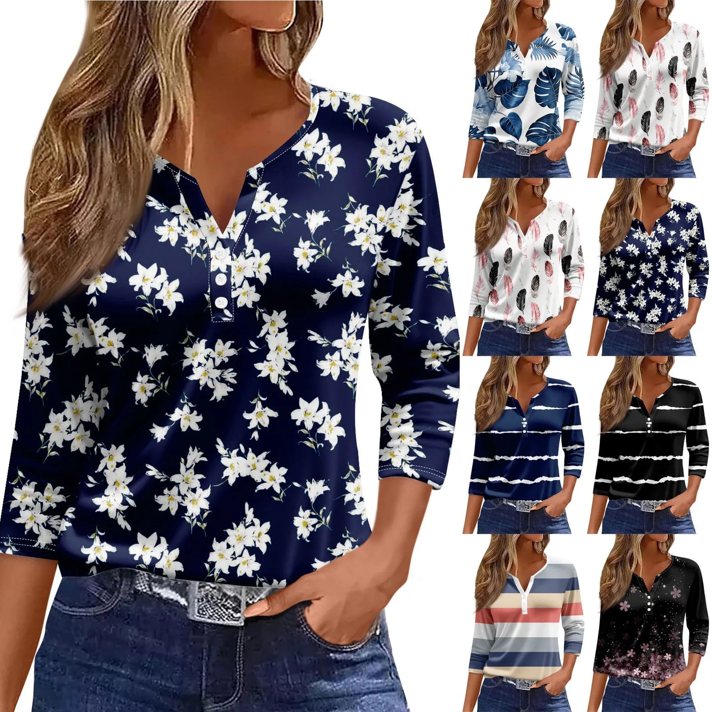 Casual V-Neck Top With 3/4 Sleeve