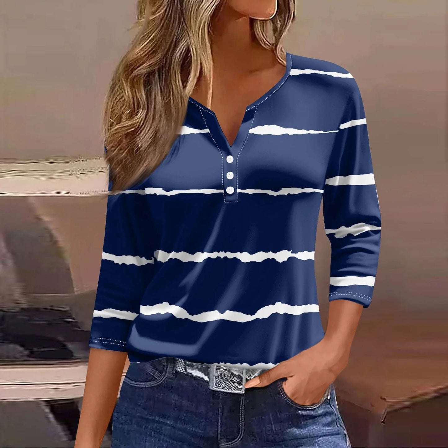 Casual V-Neck Top With 3/4 Sleeve