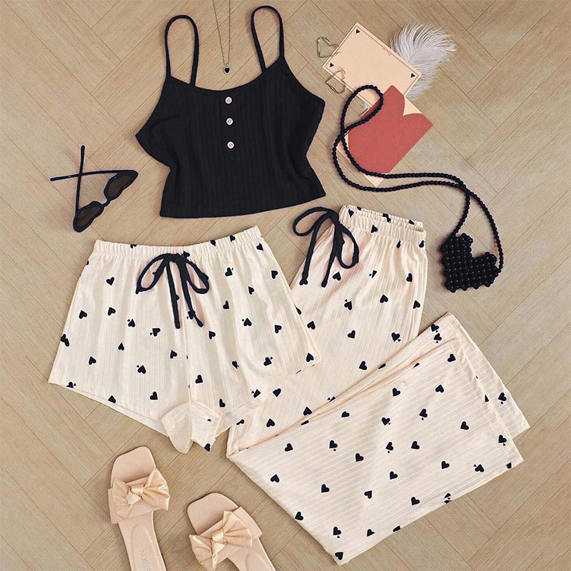 Women's Heart-Shaped Printed Vest Shorts and Pants