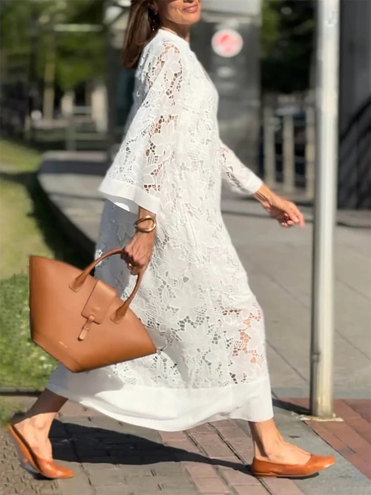 Abrini White Embroidery Lace Dress