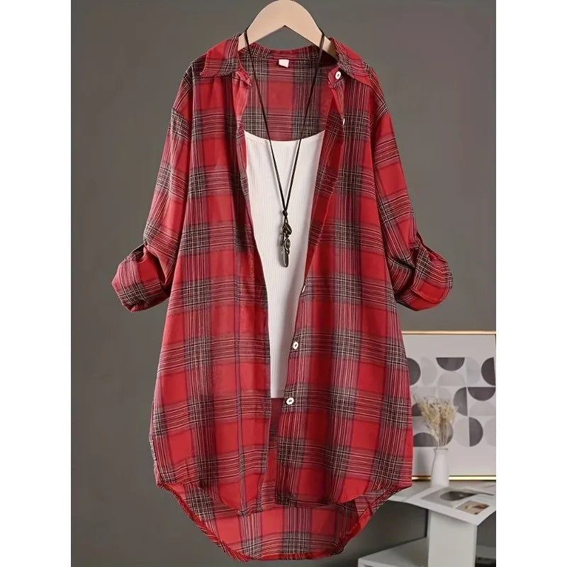 Plus Size Women's  Cotton and Linen Plaid Shirt