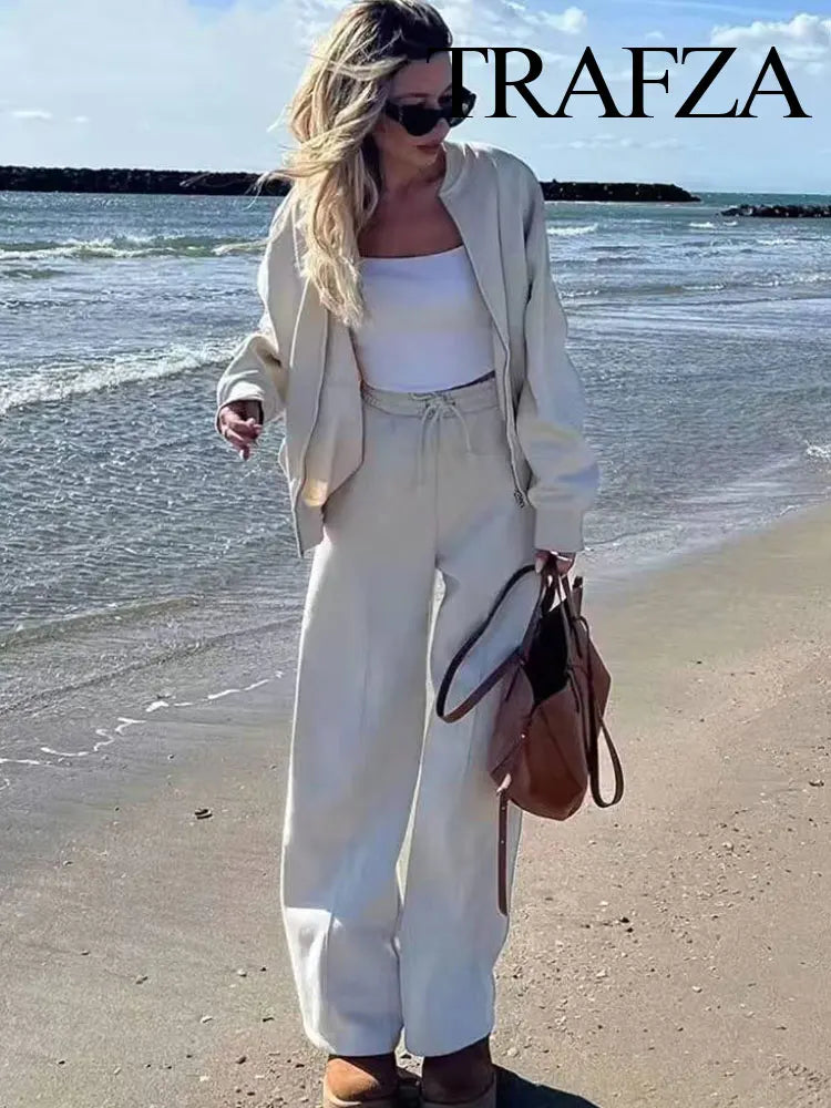 TRAFZA  Fall 2-Piece Bomber Jacket And Wide Leg Pants