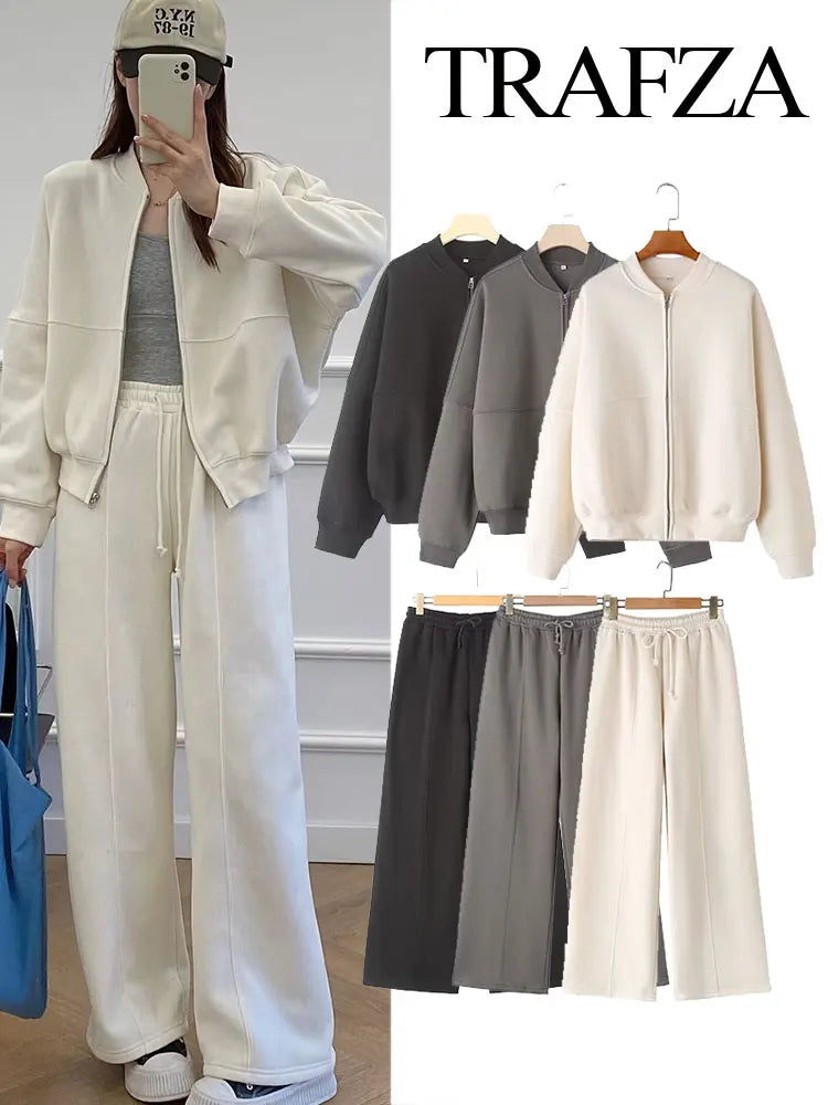 TRAFZA  Fall 2-Piece Bomber Jacket And Wide Leg Pants