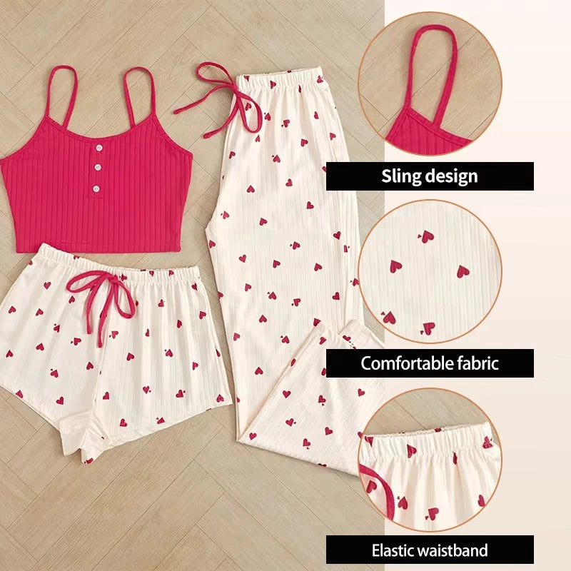 Women's Heart-Shaped Printed Vest Shorts and Pants