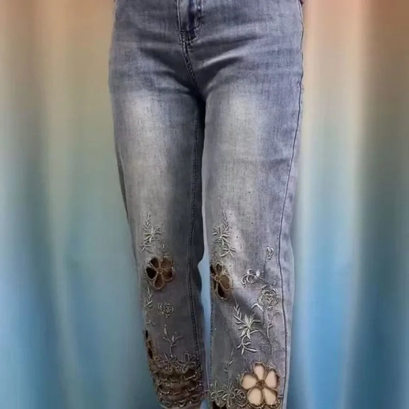Embroidered denim jeans
