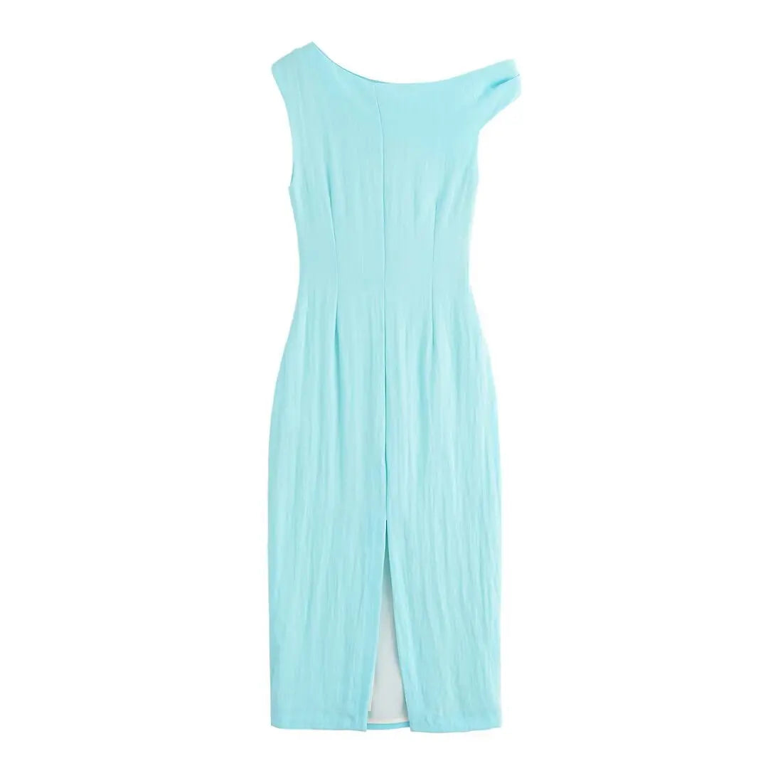 TRAFZA Woman's Summer Sexy Fashion Long Dress Solid Sleeveless Asymmetry Dresses Female Holiday Style Slit Slim Chic Dress