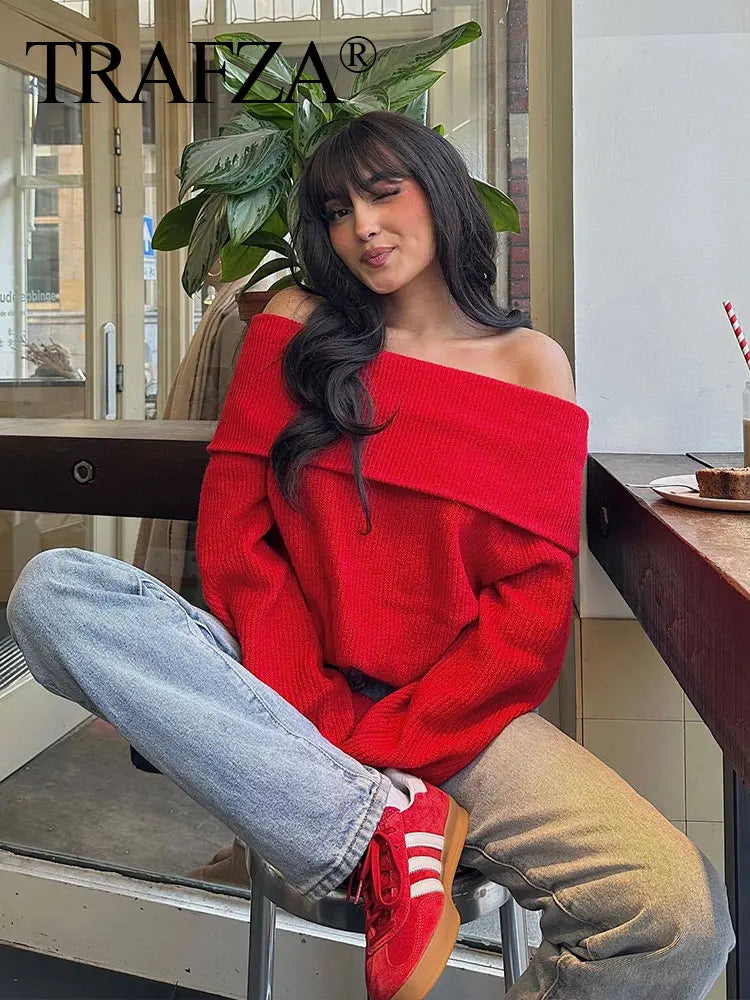 TRAFZA Off Shoulder Pullover Sweater