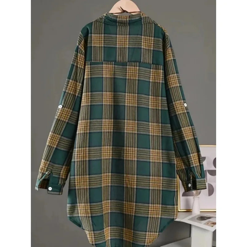 Plus Size Women's  Cotton and Linen Plaid Shirt