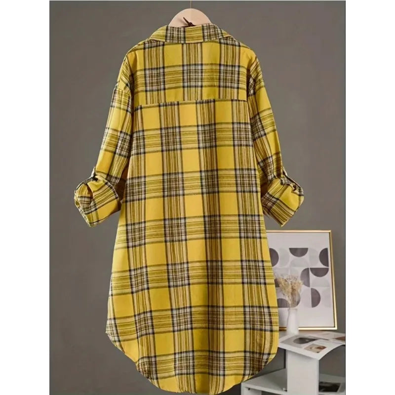 Plus Size Women's  Cotton and Linen Plaid Shirt