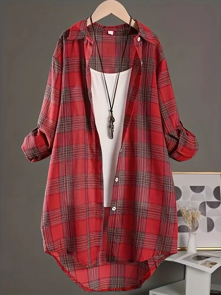 Plus Size Women's  Cotton and Linen Plaid Shirt