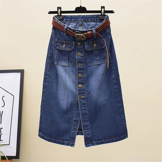Front Split Denim Midi Skirt