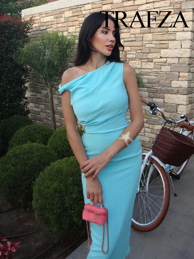 TRAFZA Woman's Summer Sexy Fashion Long Dress Solid Sleeveless Asymmetry Dresses Female Holiday Style Slit Slim Chic Dress