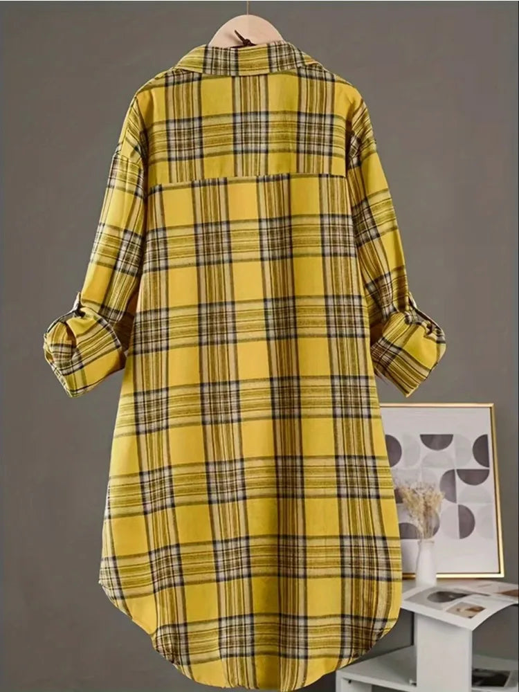 Plus Size Women's  Cotton and Linen Plaid Shirt