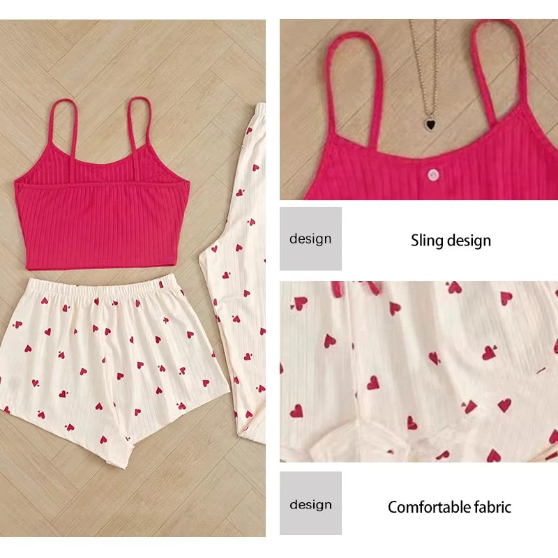 Women's Heart-Shaped Printed Vest Shorts and Pants