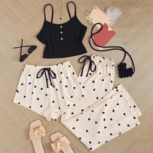 Women's Heart-Shaped Printed Vest Shorts and Pants