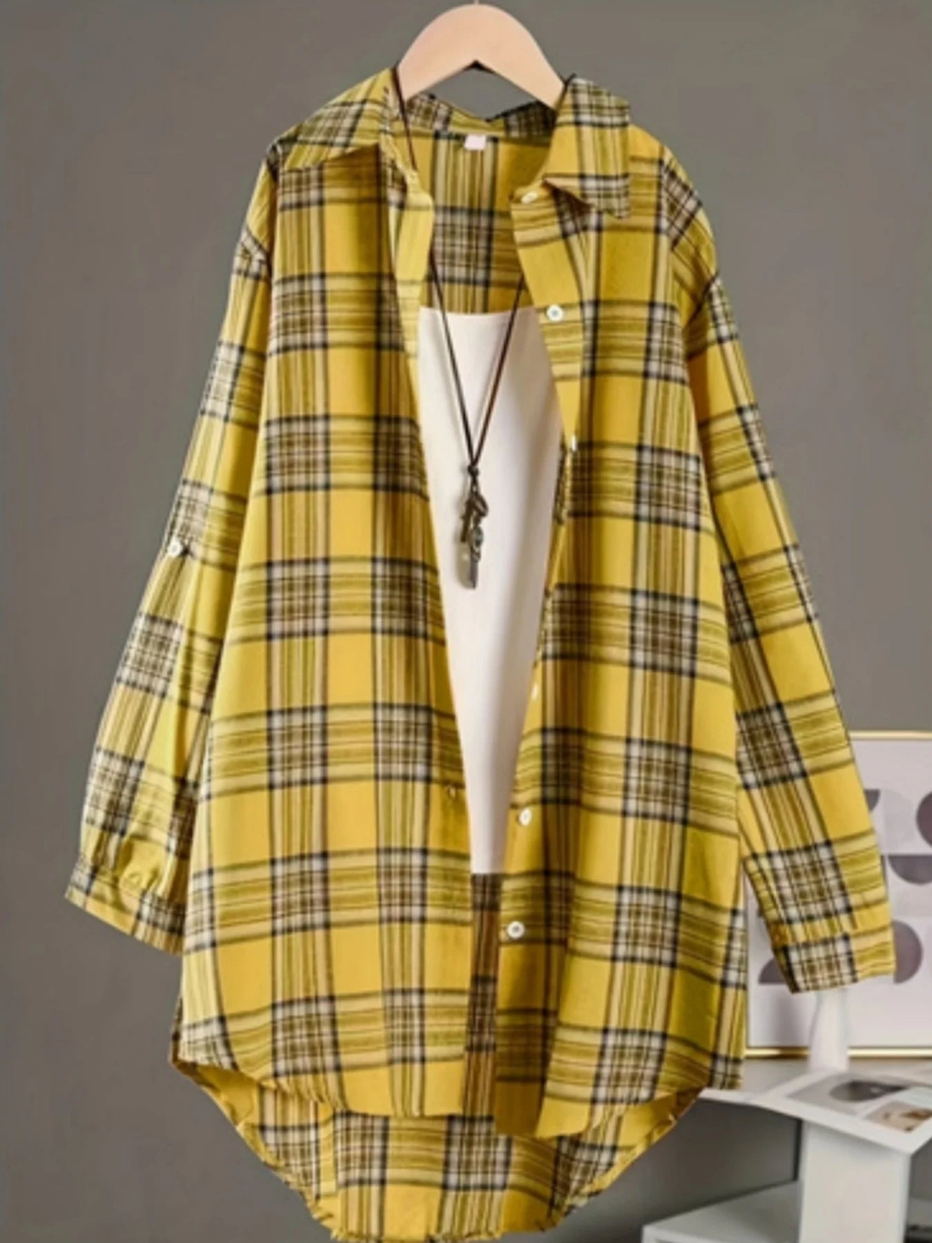 Plus Size Women's  Cotton and Linen Plaid Shirt