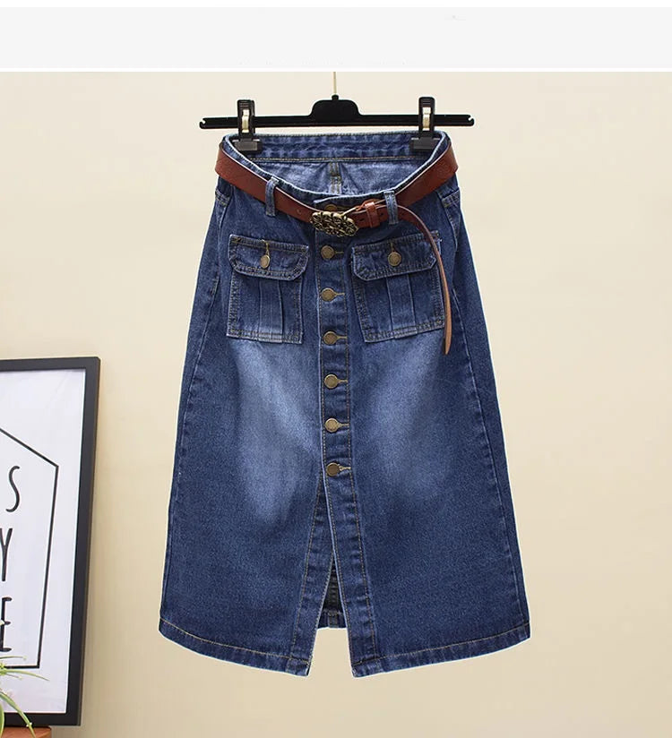 Front Split Denim Midi Skirt