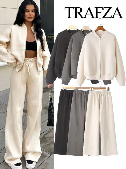 TRAFZA  Fall 2-Piece Bomber Jacket And Wide Leg Pants