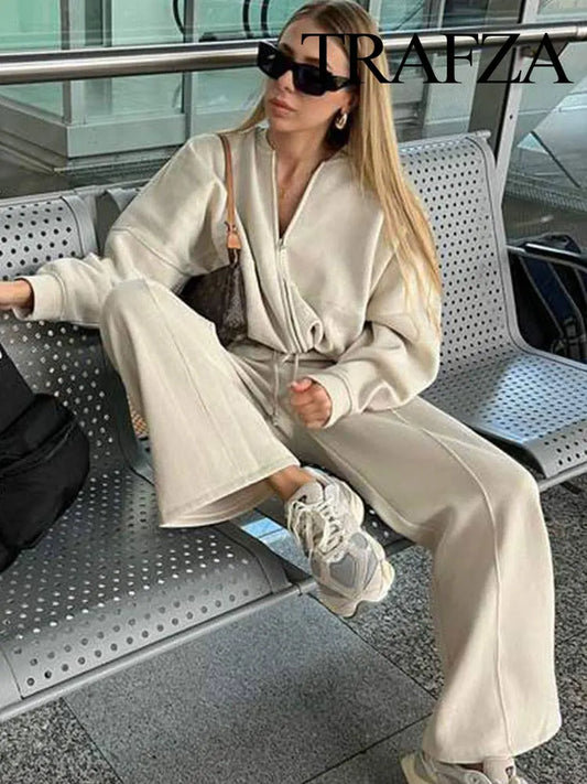 TRAFZA  Fall 2-Piece Bomber Jacket And Wide Leg Pants