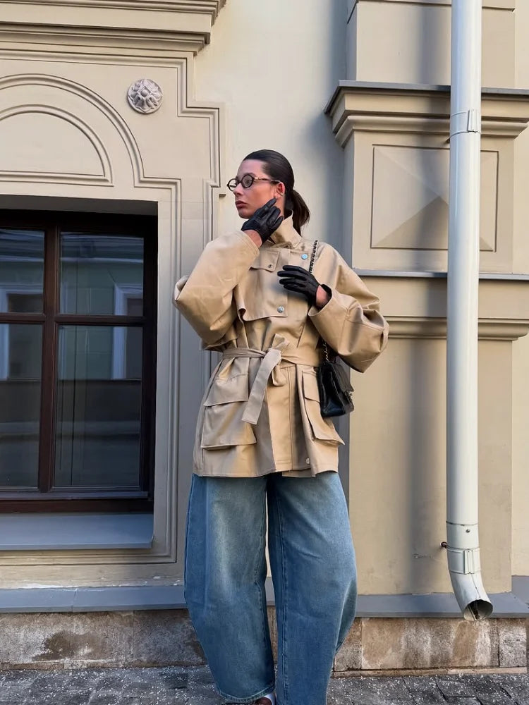 Khaki Belted Short Trench Coat