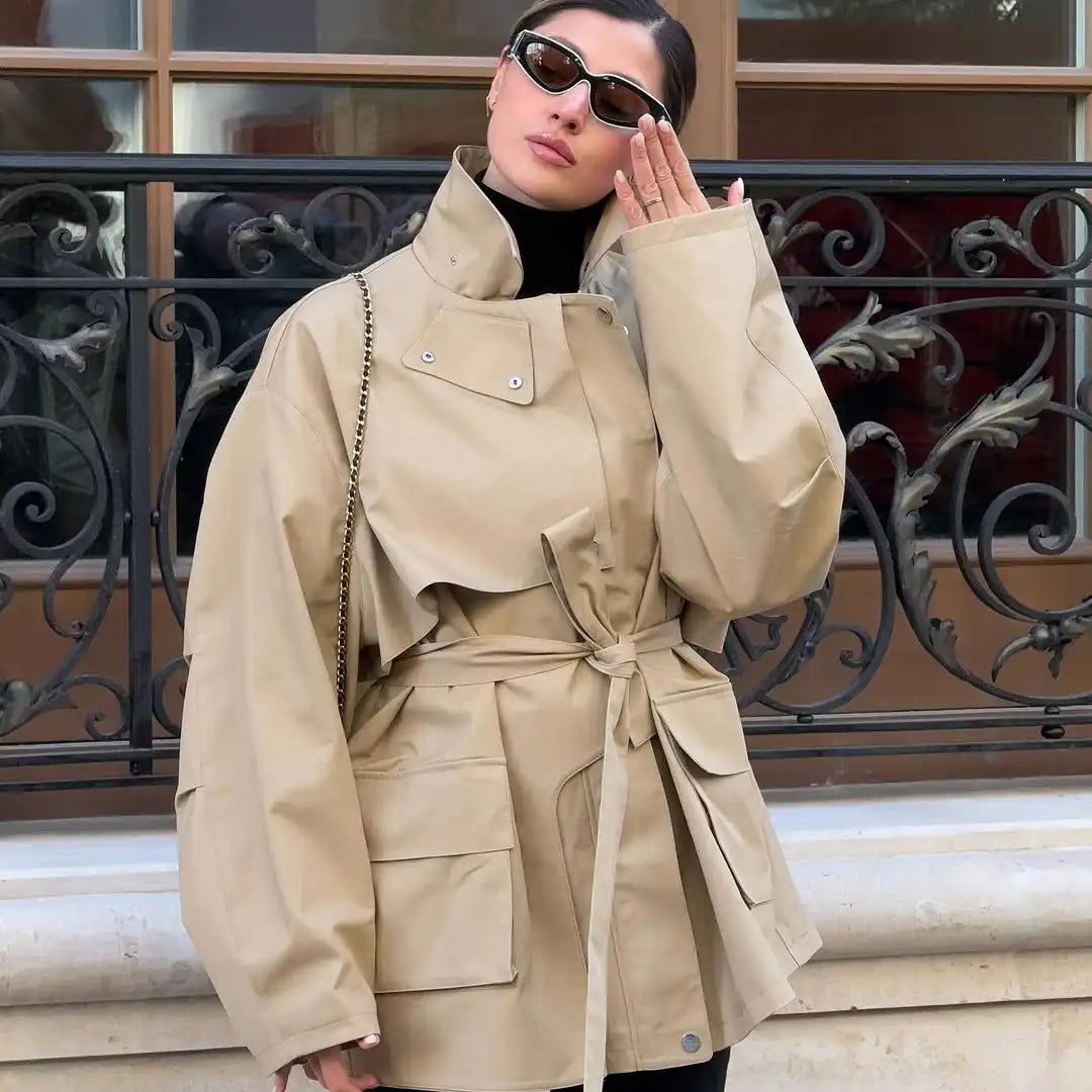Khaki Belted Short Trench Coat