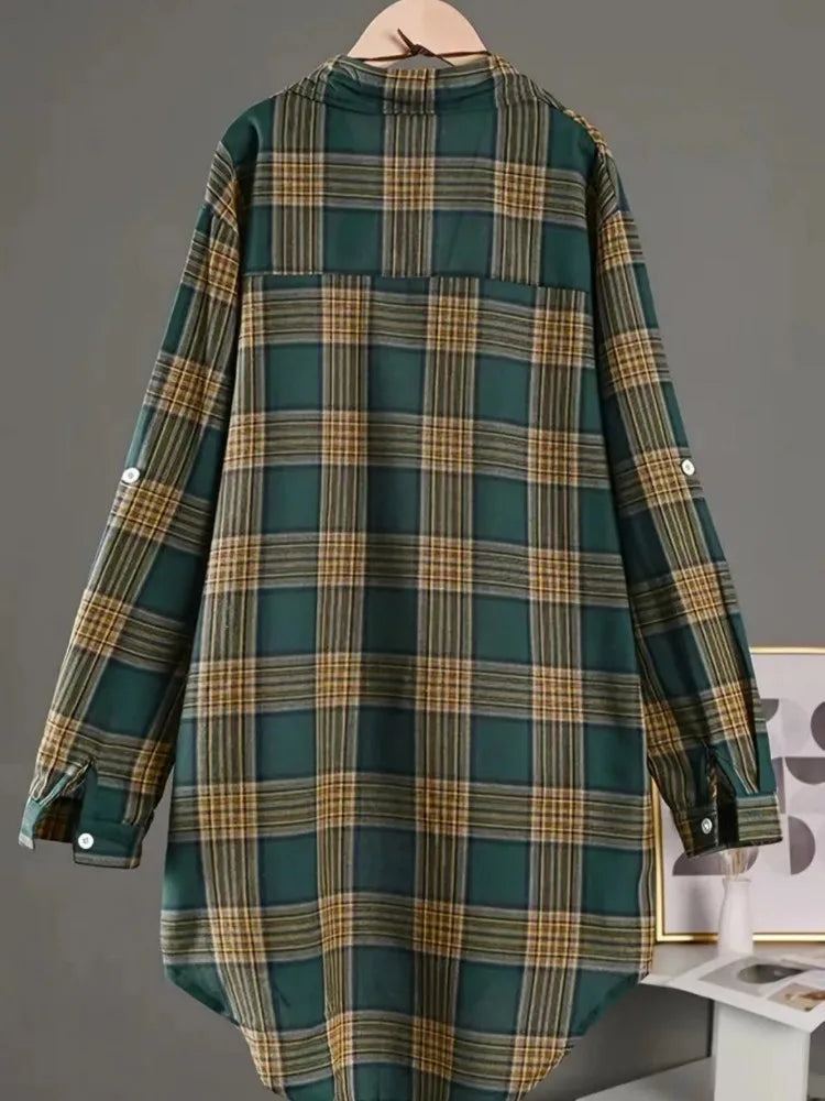 Plus Size Women's  Cotton and Linen Plaid Shirt