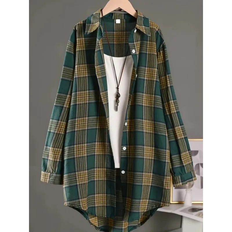 Plus Size Women's  Cotton and Linen Plaid Shirt