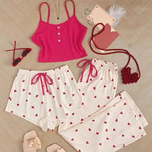 Women's Heart-Shaped Printed Vest Shorts and Pants