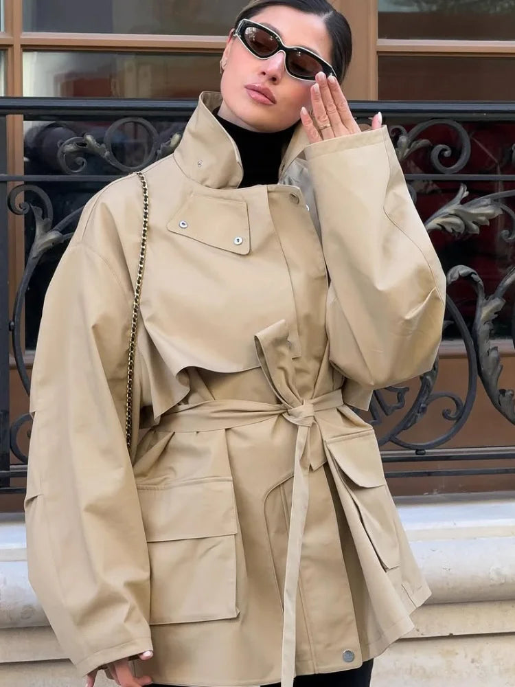 Khaki Belted Short Trench Coat