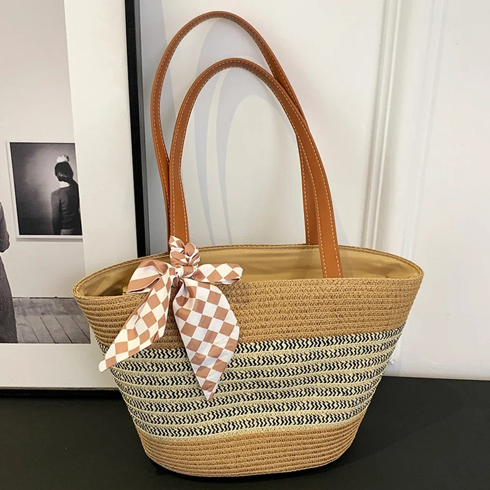 Women’s Large Straw Crochet Tote Bag with Zipper