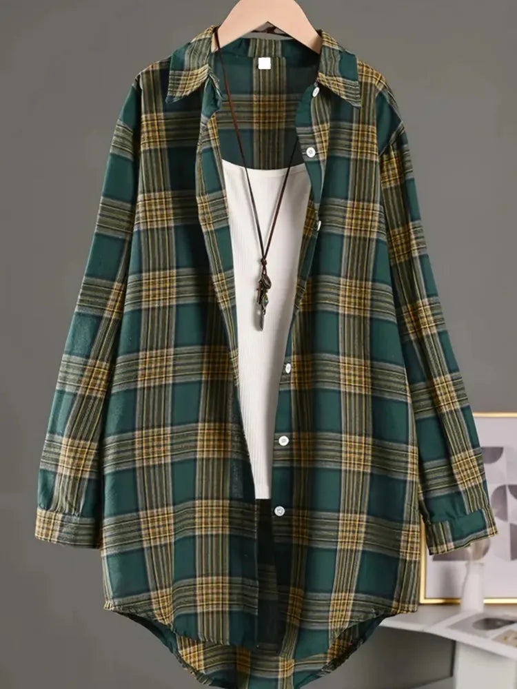 Plus Size Women's  Cotton and Linen Plaid Shirt