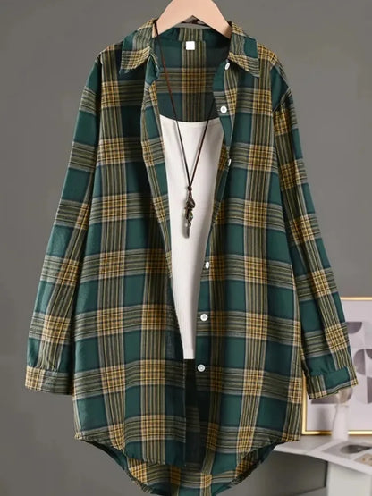 Plus Size Women's  Cotton and Linen Plaid Shirt