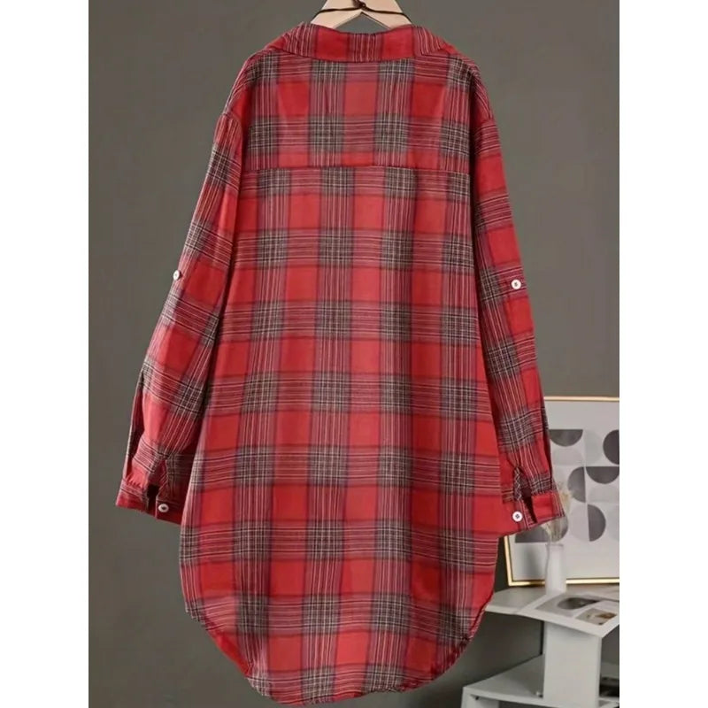 Plus Size Women's  Cotton and Linen Plaid Shirt