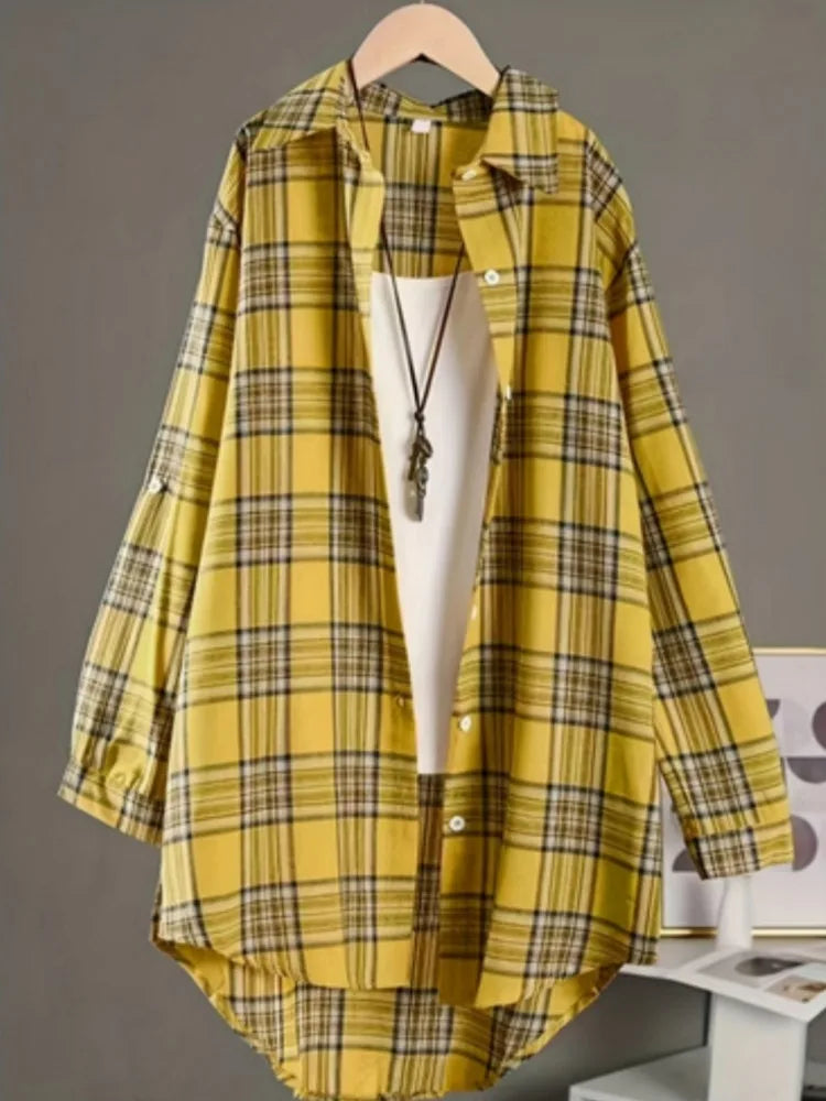 Plus Size Women's  Cotton and Linen Plaid Shirt